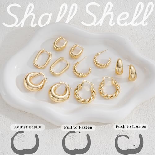6 Pairs Gold Hoop Earrings Set for Women, 14K Gold Plated Lightweight Chunky Twisted Huggie Hoops, Hypoallergenic Small Thick Hoop Multipack Jewelry Gift - color: Twisted Gold