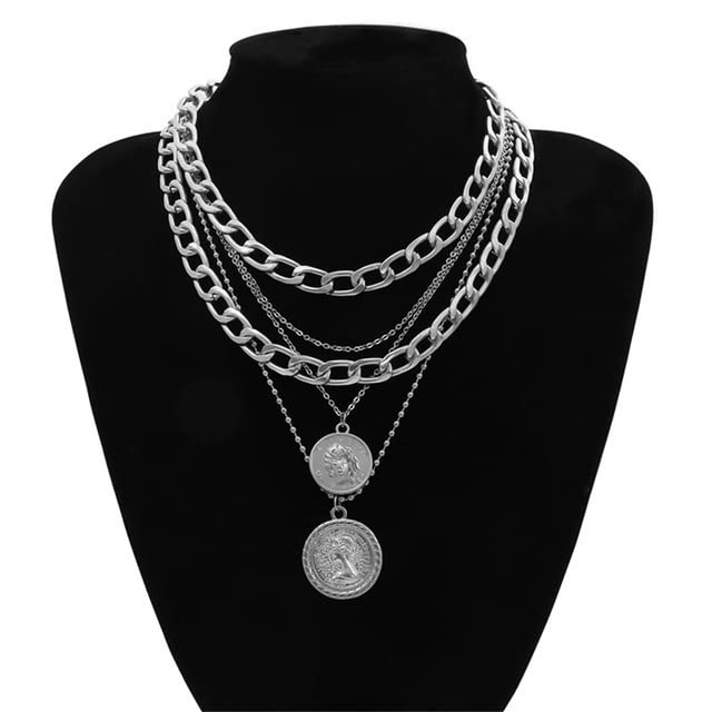 Todenb Layered Gold Pirate Necklace for Women Chunky Chain Pirate Jewelry 80s 90s Coin Pendant Necklace Pirate Costume Accessories - color: Two cir s