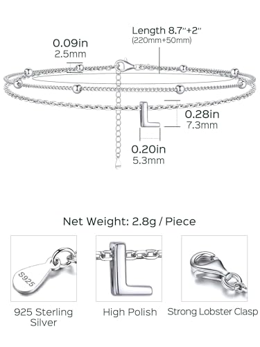 ChicSilver Ankle Bracelets for Women Waterproof, 925 Sterling Silver Initial Anklets for Women, Adjustable Dainty Layered Anklet Beach Jewelry for Women Mom Wife Friend - style: Silver-L