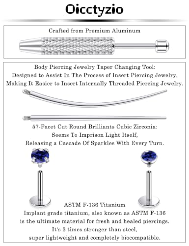 F136 Titanium 20/18/16g Flatback Earrings Nose Lip Rings Jewelry - color: Blue, size: 18g