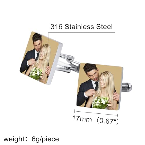 Classic Stainless Steel Cufflinks for Men Personalized Initial/Date/Photo Silver Mens Cufflinks Gift for Husband Groomsmen Groom Father of the Bride - color: Square (Photo)