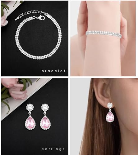 Elegant Silver Crystal Wedding Necklace Earrings Bracelet Jewelry Set for Women Brides Bridesmaids Prom Party Costume Accessory Bridal Jewelry - color: silver-pink