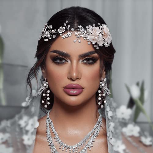 Bride Wedding Headband, Bridal Headpiece, Crystal Pearl Hair Tiara, Rhinestone Bridesmaids Hair Jewelry for Women Party | Ribbon-Tie Design, Faux Pearl Accents And Layered Flowers For Brides And Bridesmaids