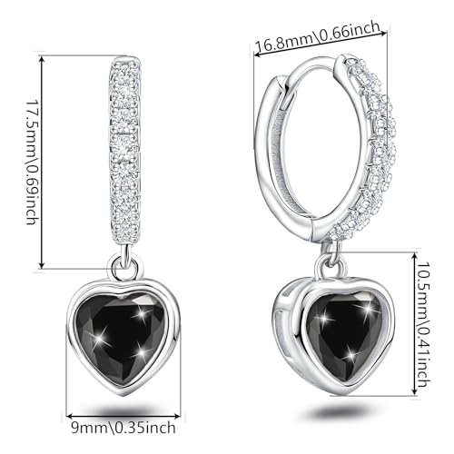 Heart Hoop Earrings with Dangle Sterling Silver Love Heart-Shaped Loop Earrings for Women Hypoallergenic Sparkle Birthstone Cubic Zirconia Hoop Earring with Dangling Charms Dainty Fashion Jewelry Gift - color: Black