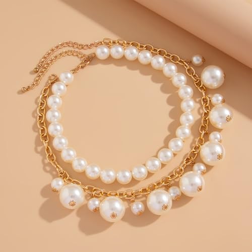 Chunky Gold Layered Big Pearl Beaded Statement Necklaces for Women | Large White Faux Pearls Beads Stack Choker Necklace Trendy Wedding Bridal Prom Statement Jewelry Formal Cluster Bib Necklace