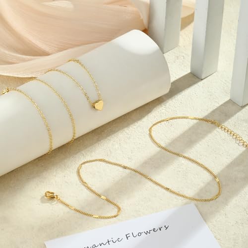 Layered Gold Necklace Set for Women Dainty Waterproof Cute Choker | 14K Gold Plated Minimalist Non Tarnish Lightweight CZ Pendant Pearl Twist Paperclip Chain Jewelry Gifts - style: 2PCS-Heart pendant-GD