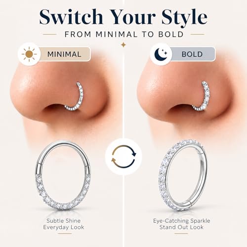 2PCS 16G Titanium Nose Rings for Women, Nostril and Septum | F136 Implant Grade Titanium, Hypoallergenic, 1.2 mm ×8 mm, Faceted and CZ Hinged Clicker Hoops for Nostril or Septum - color: Style A Silver-10mm