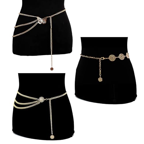3 Pcs Gold Chain Belt for Women, Adjustable Waist Chain with Clover Butterfly Disc Pendants, Body Jewelry, Boho Belts for Women, Summer Beach Party - color: Gold