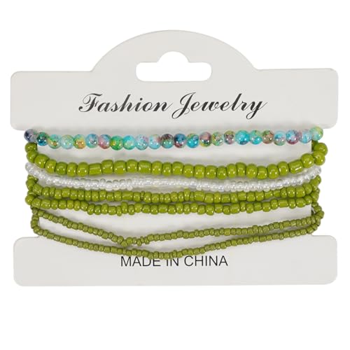Boho Colorful Stackable Crystal Glass Beads Stretch Bracelets Multilayered Bracelets for Women Bohemian Jewelry - color: Green 7pcs