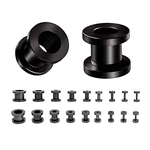 18PCS Ear Tunnels Kit Stainless Steel Screw Fit 14G-00G Gauges Plugs Set Double Flared Stretcher Expander Body Piercing Jewelry - color: Black