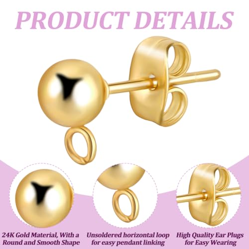 Beebeecraft 1 Box 100Pcs Ball Post Earring Studs Gold Earring Posts with Loop Small 5mm Round Ball 24K Gold Plated Stainless Steel Stud Earring Findings for Jewelry Making Earrings Supplies DIY Crafts - color: Gold, size: 5mm Ball