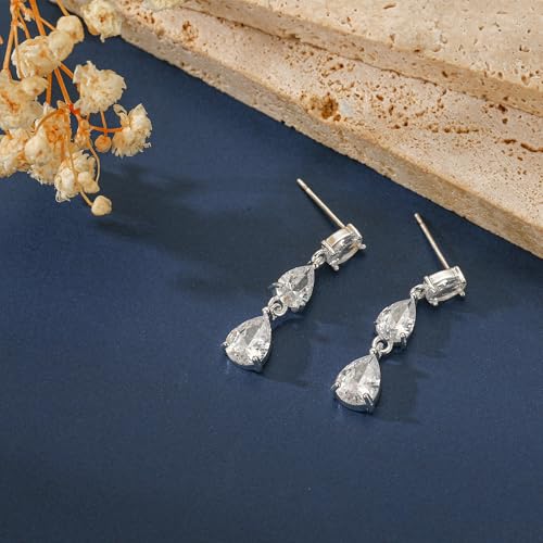 Lunvky 14K Gold Plated Dangle Earrings for Women Dainty Silver Drop Earring Trendy Long Dangling Wedding Bridesmaid Hoop Diamond Crystal Cute Earring Prom Jewelry Birthday Gifts - color: F-1 pair silver