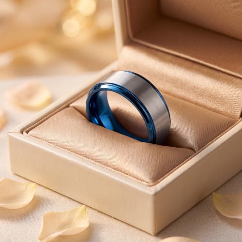 Tungsten Wedding Band Ring Black 10mm Men Women Comfort Fit 18k Rose Gold Step Edge Brushed Polished - color: Blue Grey Tungsten