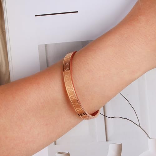 4/6/8mm Numeral Bangle Stainless Steel Engraved Unisex Bracelet Inspirational Gifts for Her - color: Rose Gold, size: 8mm