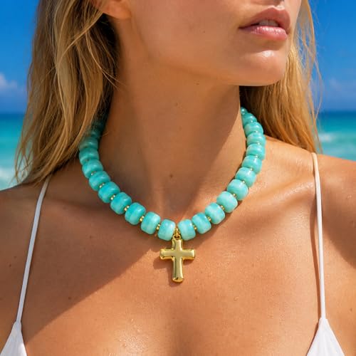 Colorful Resin Chunky Beaded Necklace for Women Modern Statement Choker Necklace with Gold Tone Cross Pendant Boho Summer Jewelry Gift - color: Turquoise Color-1