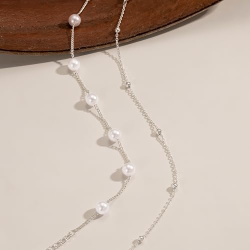 NECOCY 14K Gold Plated Pearl Bracelets for Women, Dainty Bracelets Stack Trendy Pearls Beaded Link Chain Charm Bracelets Set Layered Tiny Wedding Prom Jewelry Gift for Women Mother's Day Graduation - style: Style-1-Silver