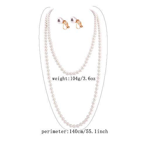 Handmade Faux Pearl Necklace and Clip on Earrings Jewelry Sets for Women Bib Choker Collar Necklace - color: 140cm White Necklace+Clip Earrings
