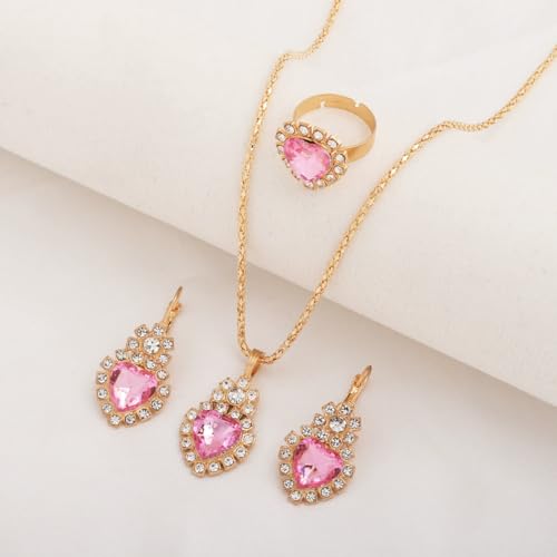 Teardrop/Heart Crystal Jewelry Set for Women, Gold Tone Rhinestone Necklace Earrings Ring Set, Wedding Bridal Prom Party Jewelry Gift - color: Pink (Heart)