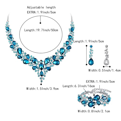 Crystal Bridal Jewelry Set, Floral Statement Necklace, Earrings, Bracelet, Wedding Accessories - color: Topaz Blue