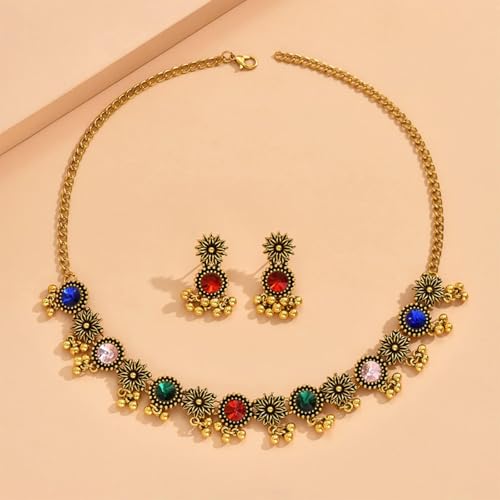 Frodete Indian Jewelry Sets for Women Traditional Bohemian Wedding Jewelry Set Indian Dresses for Women Oxidized Ethnic Party Prom Wear - color: A1:colorful indian necklace earring sets