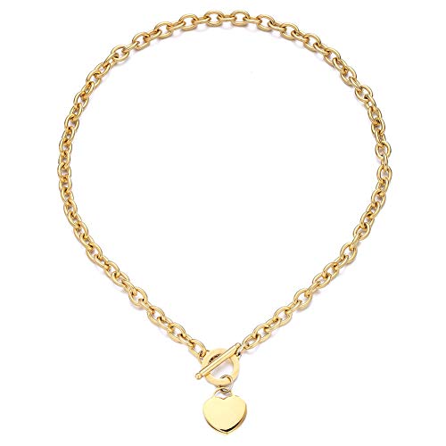 WangGao Elegent Love Stainless Steel Link Chain Blank Heart Charms Necklace for Women Toggle Clasp Closure - color: Gold, size: 19.6inches