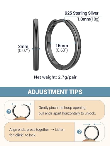 PROSTEEL Huggie Hoop Earrings For Women with 925 Sterling Silver Post | 8/10/12/14/16/18/20mm,14K Gold Plated/Black/Rose Gold/Silver Brass Lightweight Cubic Zirconia Cartilage Piercing Earring - color: 1. Black, size: 16mm