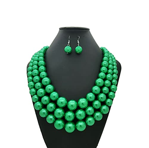 Simulated Pearl Necklace & Earring Set, Multi Strand - color: Green