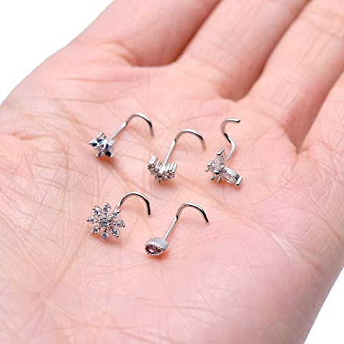 9Pcs Nose Rings Stud L Bone Screw Shaped Nose Ring Flower CZ Snowflake Butterfly Screw Nose Stud Body Piercing Jewelry for Women Men 20G Silver Gold Rose Gold Tone - color: E:Silver Tone&Screw Shaped