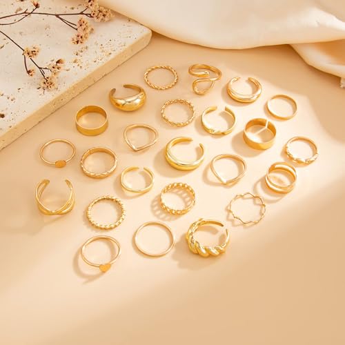 Gold Rings for Women Non Tarnish Stackable Rhinestone Moon Star Rings Dainty Stacking Pearl Butterfly Midi Pinky Thumb Joint Finger Knuckle Ring Set Gold Non Tarnish Jewelry Gifts Trendy Stuff - color: E Gold Stackable Rings 24Pcs