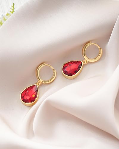 Crystals Teardrop Dangle Drop Earrings, 18K Gold Plated Hoop Earrings Zirconia Jewelry for Women Gifts - color: Red