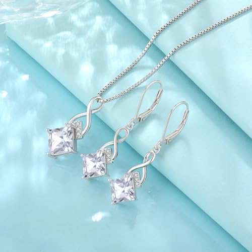 Infinity Necklace 925 Sterling Silver Princess Cut Pendant Birthstone Jewelry for Women - color: Clear White