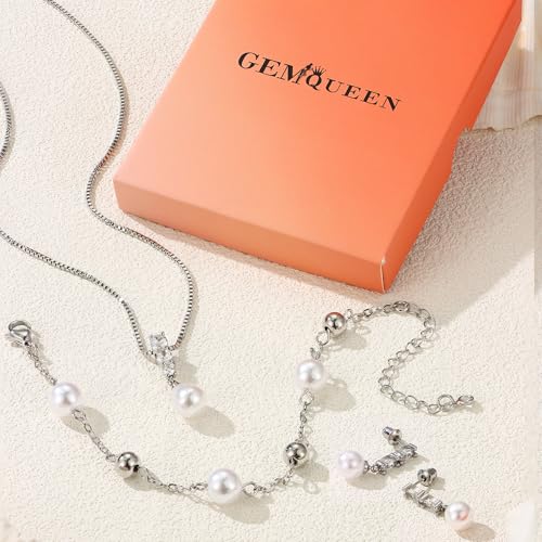 14K Gold Plated Pearl Jewelry Set 925 Sterling SIlver Post | Dainty Dangle Earrings Adjustment Pearl Necklace Bracelet Wedding Jewelry Sets for Bride Bridesmaid Trendy - color: Silver 1