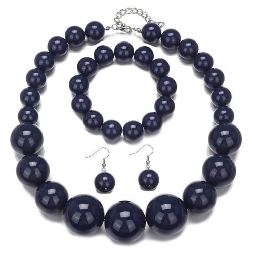 Colorful Round Beaded Earrings Neacklace Set Retro Imitation Pearls Beaded Bracelet Geometric Acrylic Beads Dangle Earrings 70s 80s Exaggerated Necklace Bracelet Jewelry - color: Dark Blue