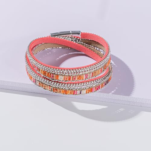 Boho Double Wrap Leather Bracelets Stackable Layered Western Hippie Jewelry | Colorful Stacked Bohemian Statement Chunky Magnetic Clasp Cuff Bangles Cowgirl Country Summer Beach Outfits for Women Trendy - color: Hot Pink