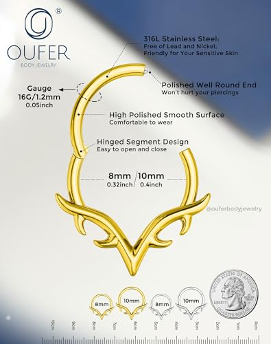 OUFER 16g Septum Rings, Blade Wings Septum Jewelry, V Shape Hinged Segment Clicker, Hypoallergenic Surgical Steel Nose Rings Hoops, Helix Daith Tragus Conch Piercing Jewelry for Women Men Silver/Gold - color: Gold