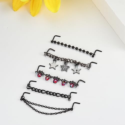 Stainless Steel Nose Rings Chain Horseshoe Nose Ring Body Piercing Jewelry | African Star Heart Studs Horseshoe Nose Cuff Septum Chain Body Piercing Jewelry Set for Women Men, Silver - color: Black