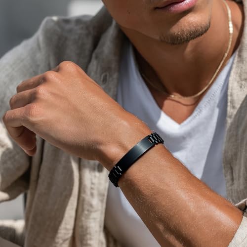 ChainsHouse Men Stainless Steel Bracelet Adjustable Custom ID Engraved Gift | Personalized Silver/Gold/Black for Birthday Father Husband Boyfriend with Gift Box Adjustable Tool 10mm/15mm/15.5mm 8.3"/8.7" - color: P.10mm Width-Black--No Custom