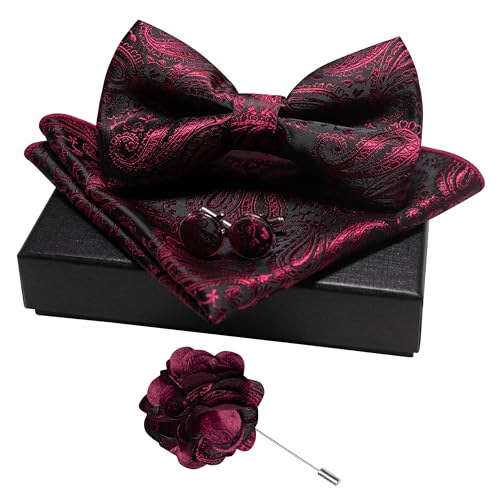 JEMYGINS Mens Paisley Bow Tie and Lapel Pin Necktie Pocket Square and Tie Clip with Sets for Business Casual 4PCS - color: Maroon