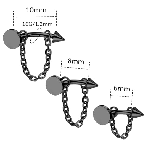 3 Pcs 316L Stainless Steel 16G Tragus Helix Rook Piercing Jewelry with Chain, Cartilage Earrings for Women, Belly Button Ring Vertical Labret Lip Piercing Jewelry - color: Black, size: Disc