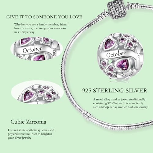 925 Sterling Silver Lucky Clover Birthstone Charms for Bracelets Dangle Pendant with 5A Cubic Zirconia Compatible Pandora Bracelets, Ladies Birthday Gift - style: 10-October