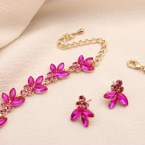 Bridal Wedding Crystal Leaf Choker Necklace Dangle Earring Bracelet Brides Bridesmaid Jewelry Set for Women - color: Fuchsia-Gold Plated