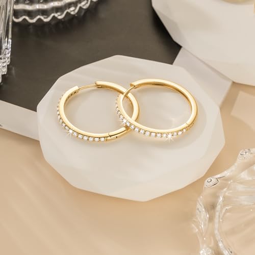 NEARLAND 14K Gold Hoop Earrings for Women 14K Gold Earrings for Women | Small Gold Hoop Earrings for Women Round Cubic Zirconia Lightweight Gold Huggie Hoop Earrings for Women 12/14/16/20/25/30mm - size: 30mm