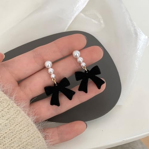 Pearl Bow Earrings for Women Coquette Aesthetic Jewelry Rhinestone Bow Earrings for Bridesmaids Wedding Party Accessories Bridal Costume Accents Bowknot Themed Gifts - color: J2: Black Bow Pearl Earrings