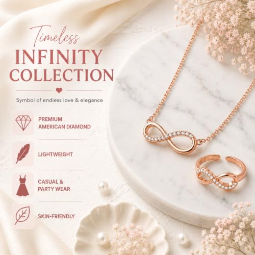 Nilu's Collection Infinity Shape Cubic Zirconia Diamond Bracelet for Women, Jewelry for Gift, Adjustable Charm Bracelet (Rose Gold Necklace + Bracelet) - color: Rose Gold Pendant+Ring