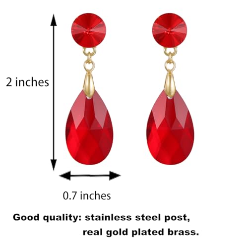 Round and Teardrop Crystal Stud Dangle Earrings Hypoallergenic Gold Plated Birthstone Drop Earrings Trendy Evening Prom Pageant Jewelry Gift for Women - color: red