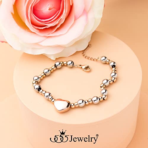 555Jewelry Stainless Steel Beads & Puffed Heart Charm Bracelet for Women & Ladies - color: Silver/Rose Gold