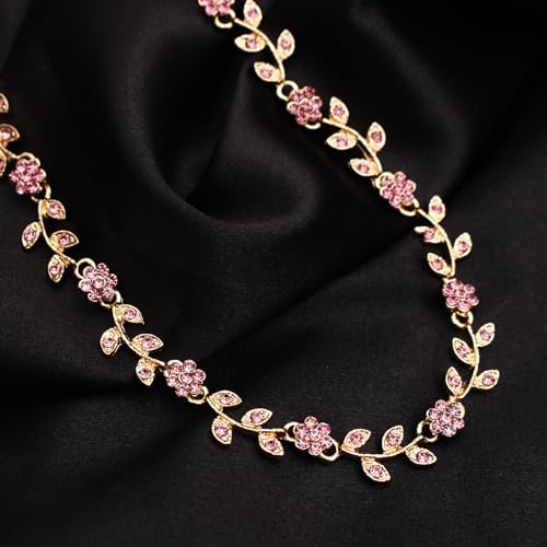Austrian Crystal Rhinestone Choker Necklace Elegant Flower Leaf Chain Necklace Jewelry for Party Prom Costume Accessories for Women - color: Pink-Gold Plated