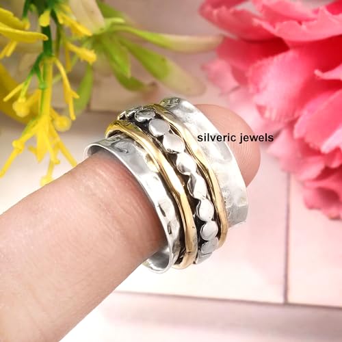 Hammered 925 Sterling Silver Designer Band Spinner Ring For Amazin Handmade Two Tone Meditation Ring For Her Silver Anxiety Bridesmaid Ring - size: 11