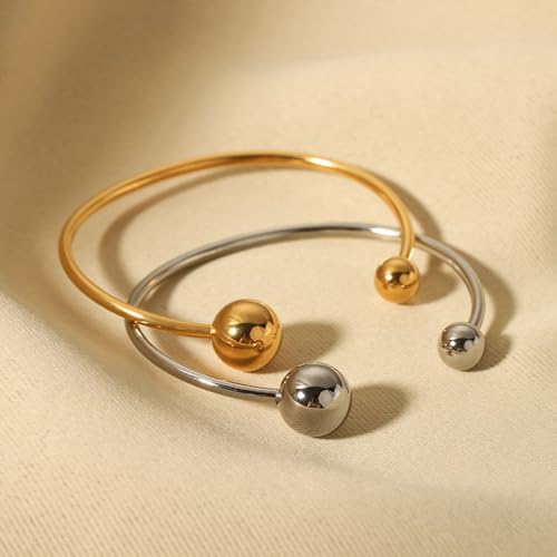 Dainty Ball Cuff Bracelet for Women Simple Delicate Thin Cuff Bangle Hook Bracelet Adjustable Open Wrap Bracelet Anklet Love Friendship Gift Stainless Steel 18K Gold-Tone Plated Minimalist Jewelry
