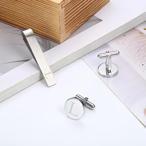 Initial Cuff Links Mens and Tie Clips for Men | Classic Silver Letter Alphabet A-Z Cufflinks and Tie Bar Set, Gifts for Men Father Husband for Formal Business Wedding - style: L